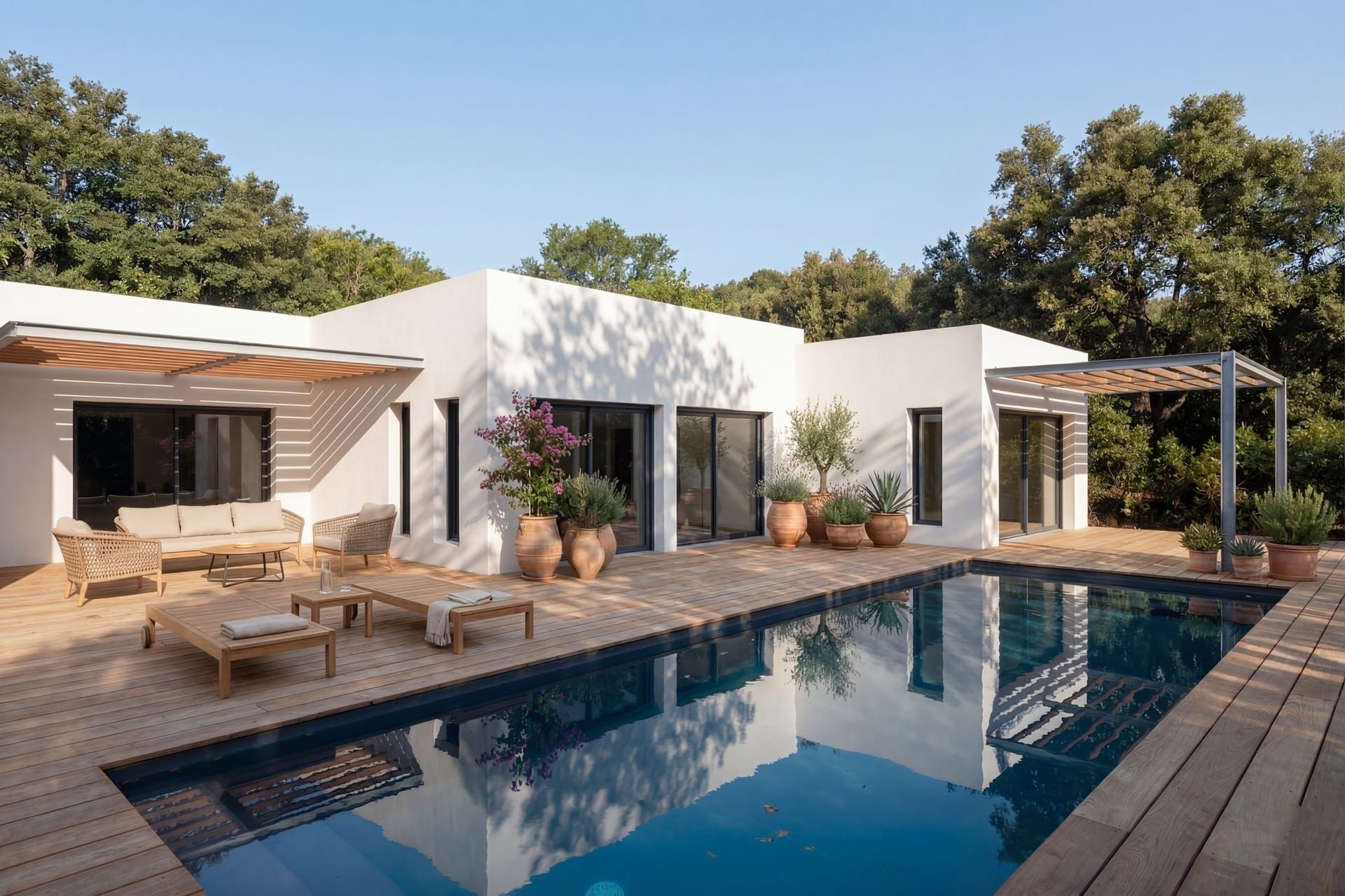Villa contemporaine C, volumes blancs et piscine miroir, par Reservoir Architecture